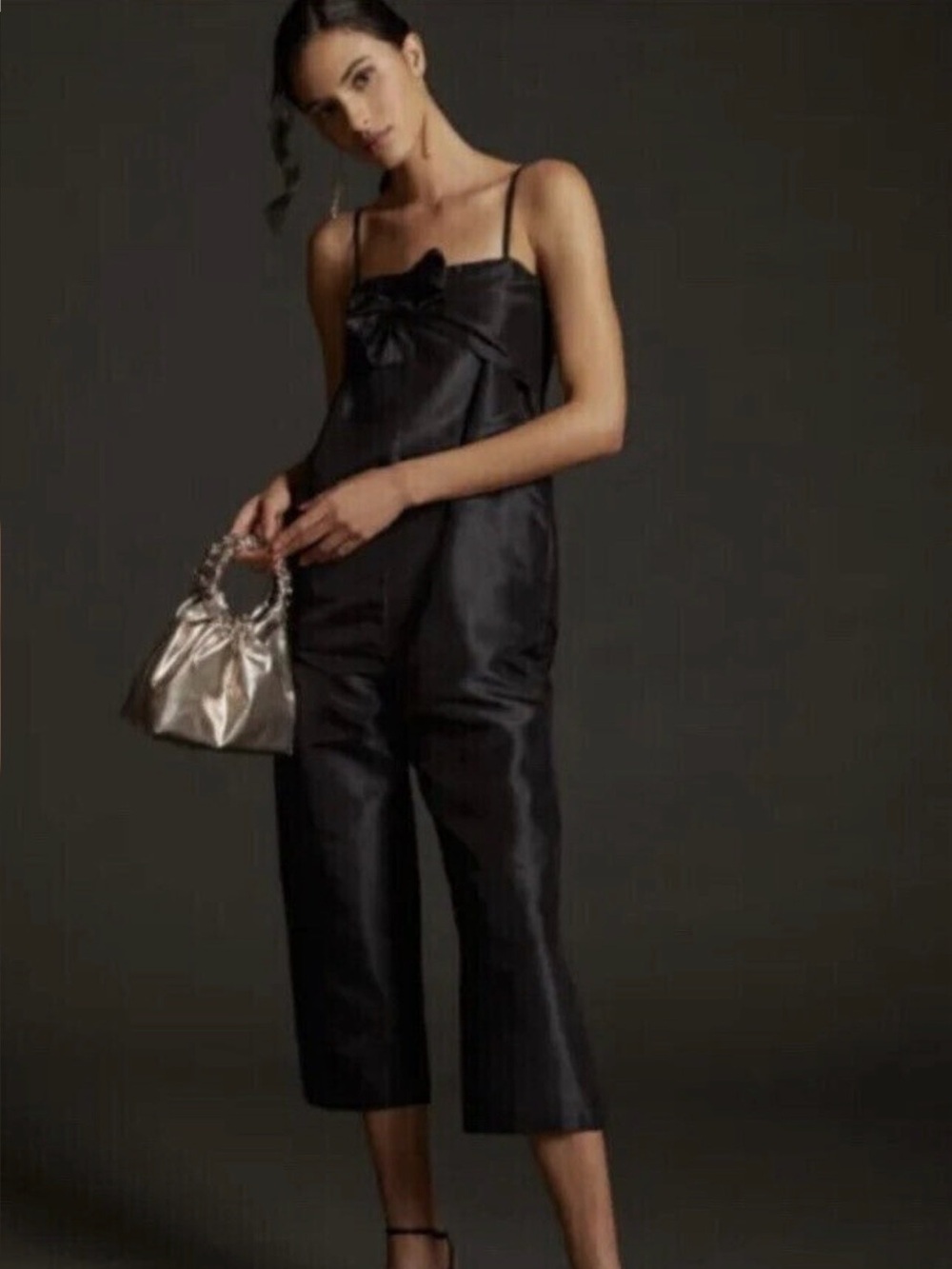 Anthropologie Black Satin Bow-Front Cropped Jumpsuit